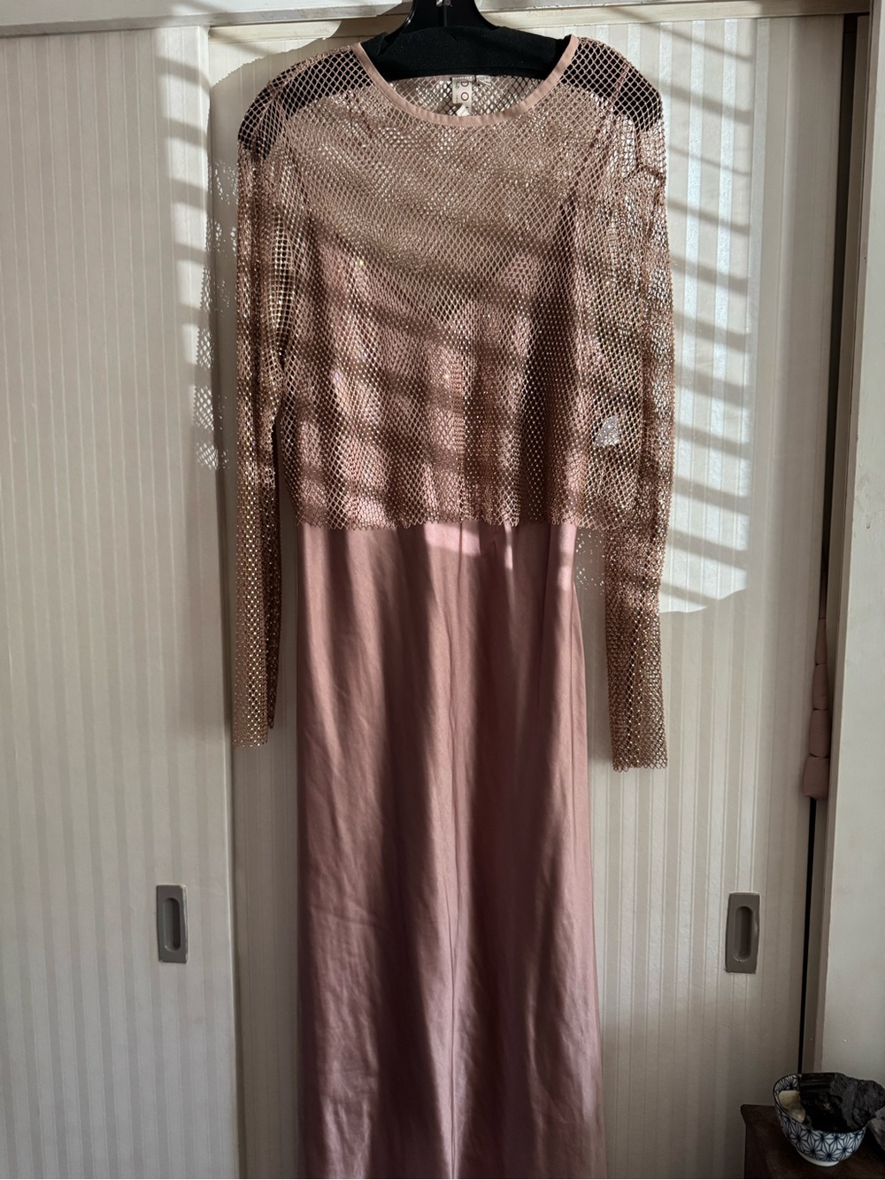 dolan Blush Pink Long Dress with Metallic Mesh Overlay
